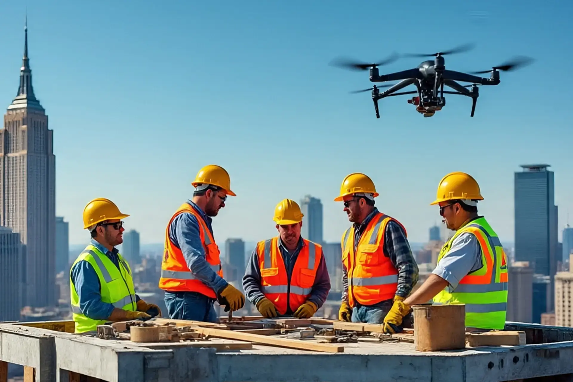 Philadelphia construction tech jobs with crew using drones in Philly skyline