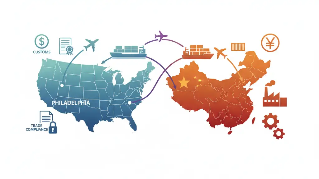 Interactive map showing US-China trade routes and tariff impacts on Philadelphia exporters in 2025