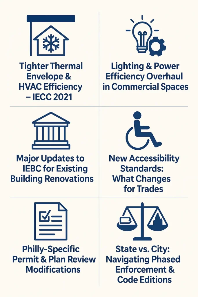 Overview of Philadelphia building codes 2025 key changes infographic 