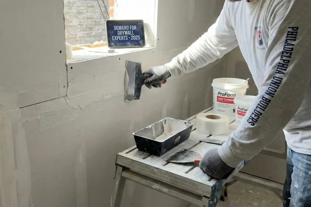 Skilled drywall finisher taping seams on a Philadelphia multifamily project in 2025