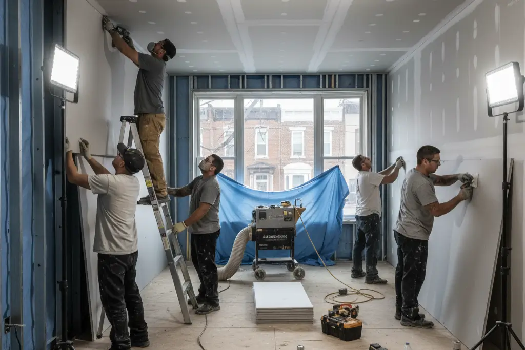Workers hanging drywall in a Philadelphia residential renovation project