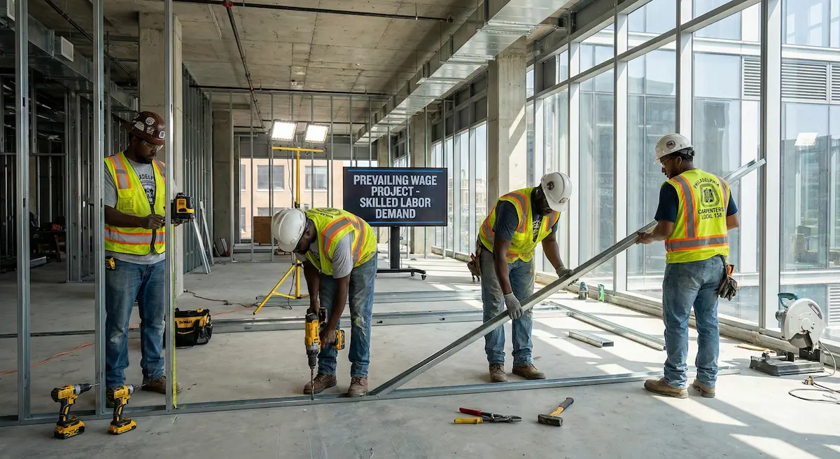 Commercial drywall crew installing metal framing in University City
