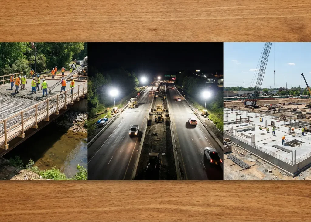 Concrete crews working across three major 2025 Philadelphia job sites