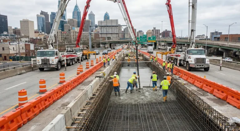 Crew pouring high-strength concrete on the I-95 viaduct in Philadelphia