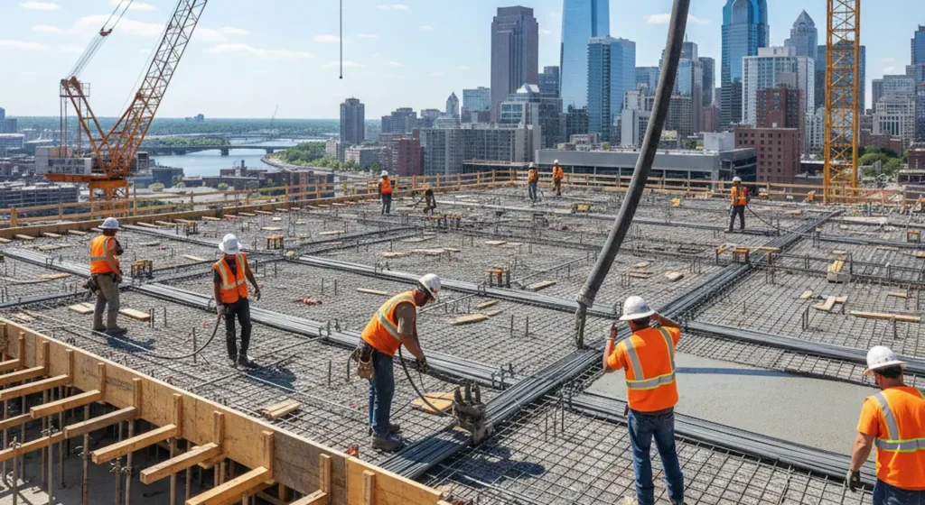 Workers installing post-tensioned concrete slab on a Philadelphia high-rise site