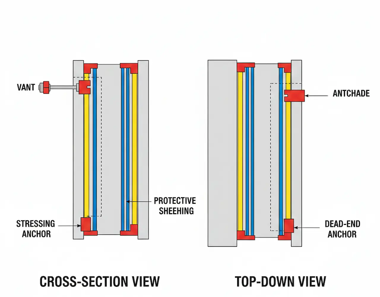 Diagram of post-tensioning cables and anchors in concrete slab