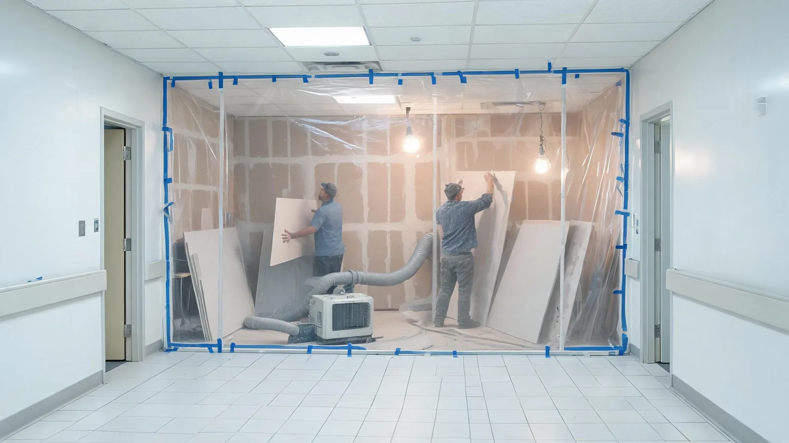 Philadelphia VA drywall subcontract crew installing gypsum board behind hospital infection-control barriers