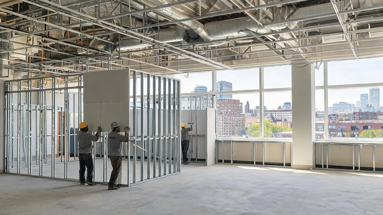 University City drywall staffing crew installing partitions in a Philadelphia life sciences lab fit-out